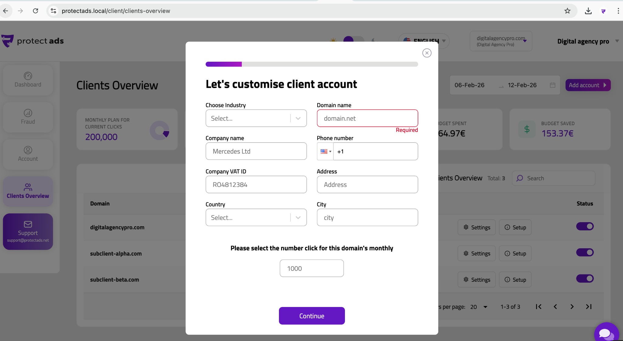 Add account — register a new client domain with company details and monthly click plan.