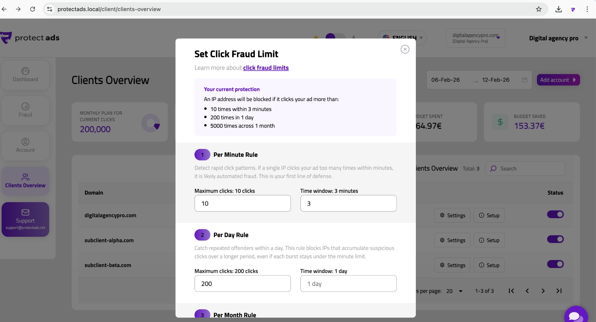 Set Click Fraud Limit — configure per-minute, per-day, and per-month rules for each domain.