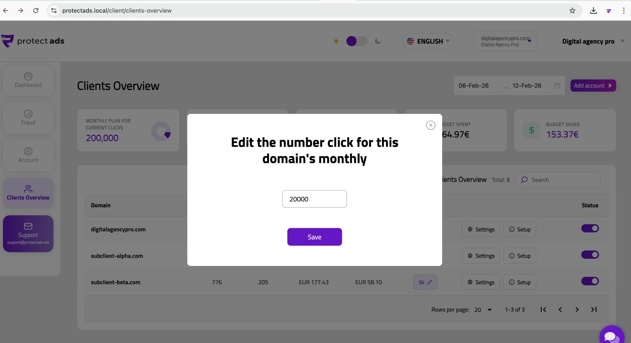 Edit monthly clicks — adjust the click plan for any client domain.