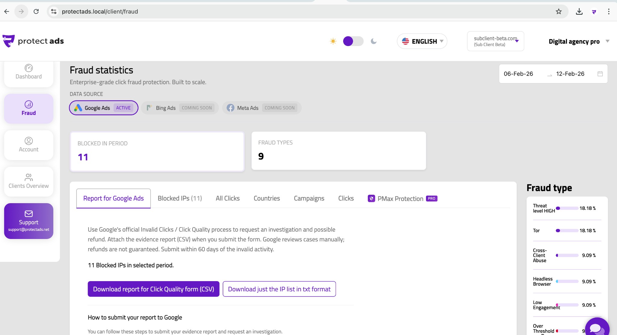 Fraud Statistics — full reporting per client domain including Google Ads reports and blocked IPs.