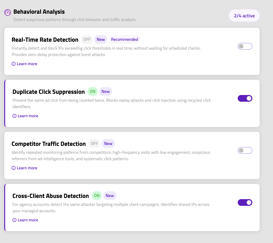 Behavioral Analysis — real-time rate detection, duplicate clicks, competitor traffic, and cross-client abuse.