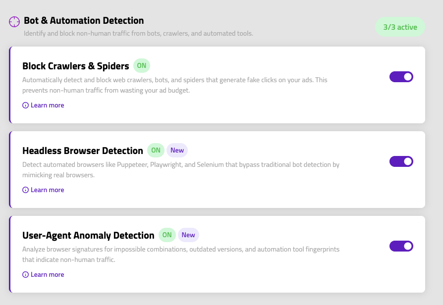 Bot & Automation Detection — block crawlers, headless browsers, and user-agent anomalies.