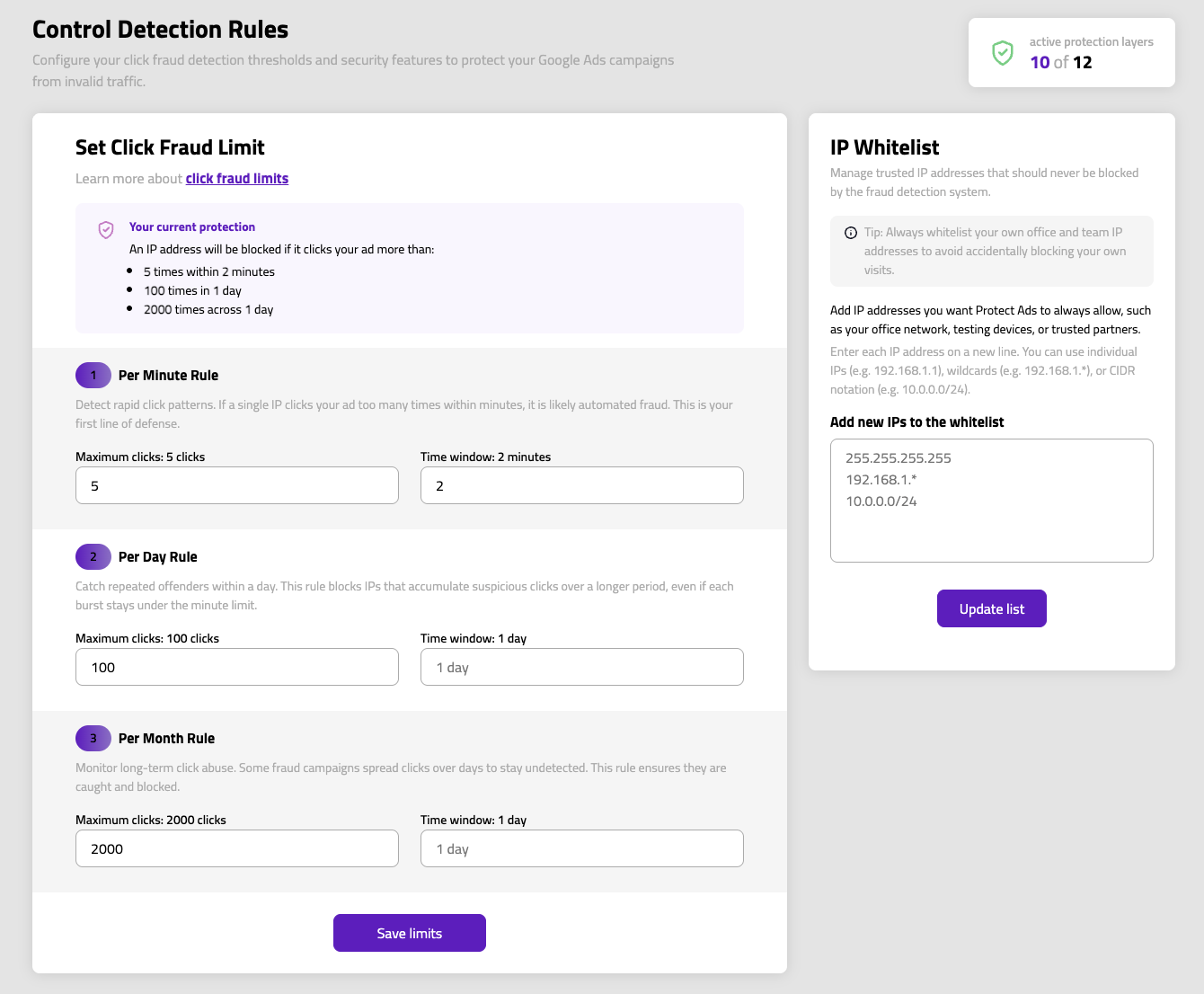 Setup — configure click fraud limits and manage your IP whitelist.