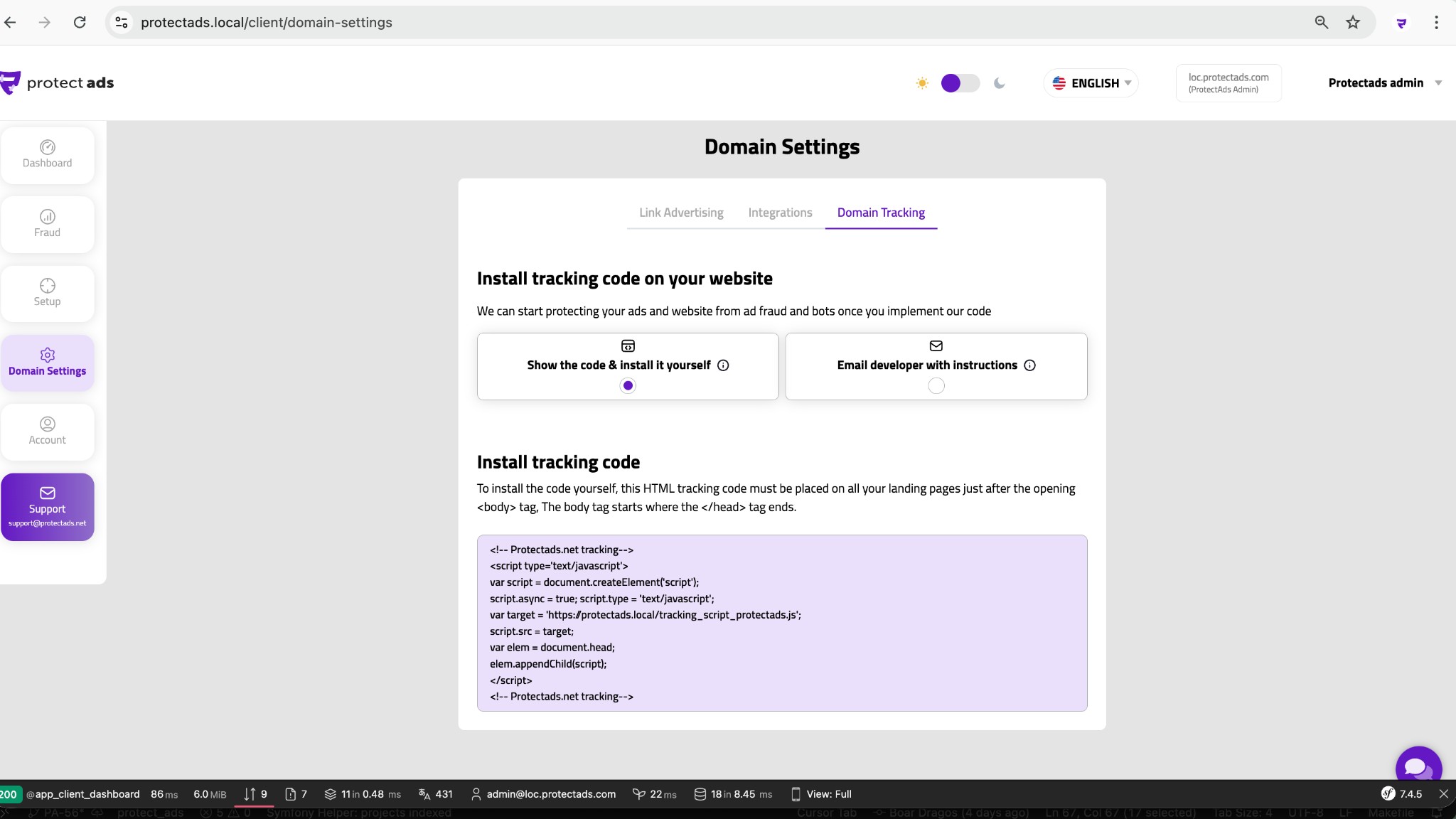 Domain Settings — copy the tracking code from this page.