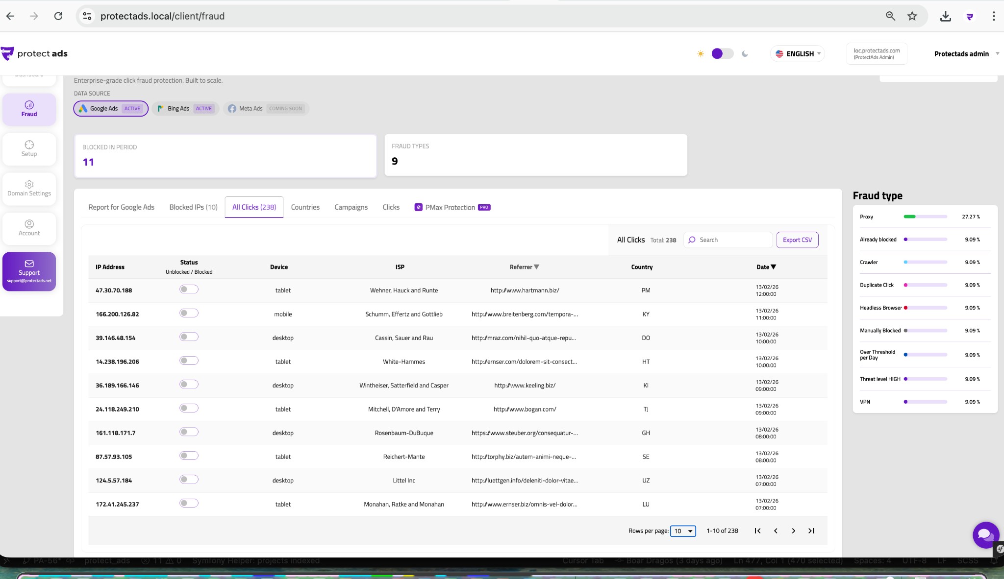 Fraud — All Clicks table with device, ISP, referrer, country, and date.