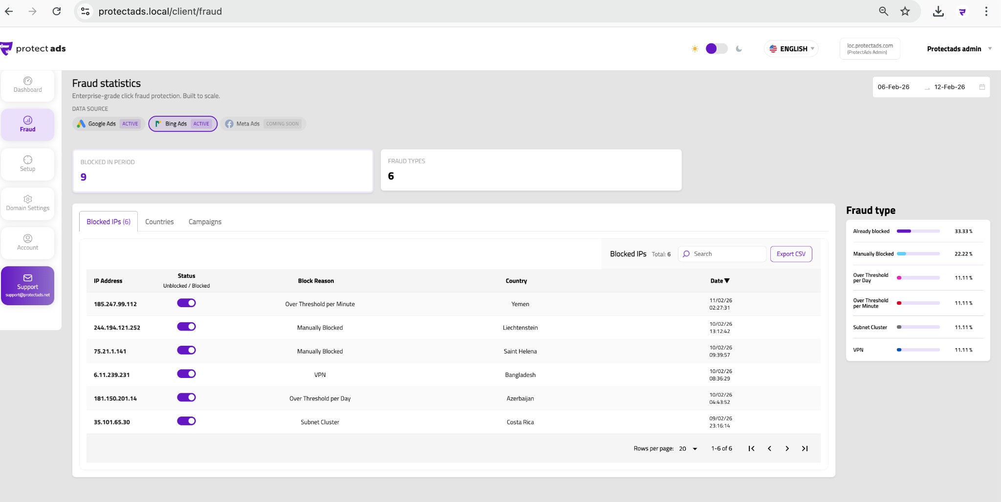 Fraud — Bing Ads blocked IPs and campaigns view.