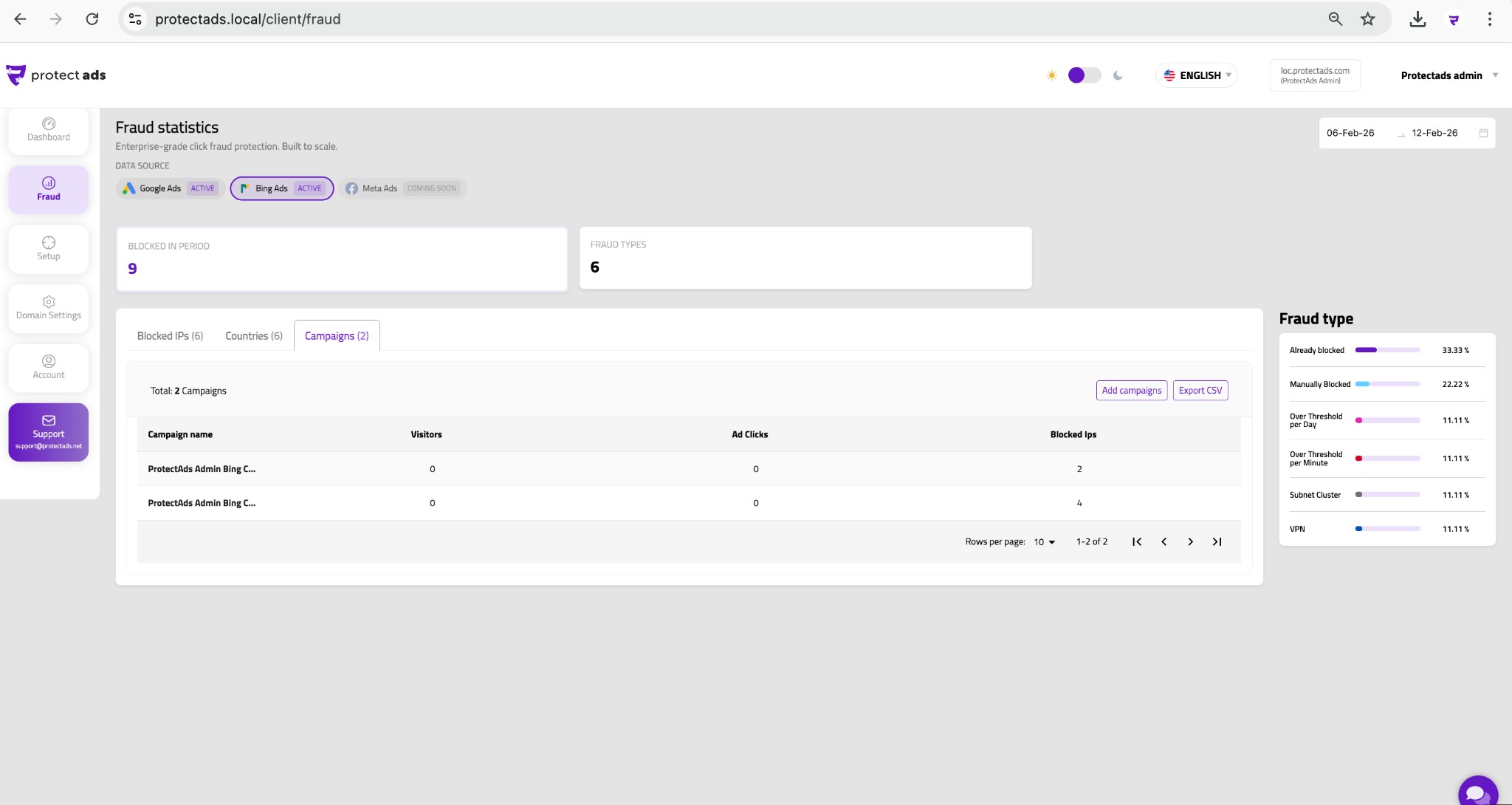 Fraud — Bing Ads blocked IPs and campaigns view.