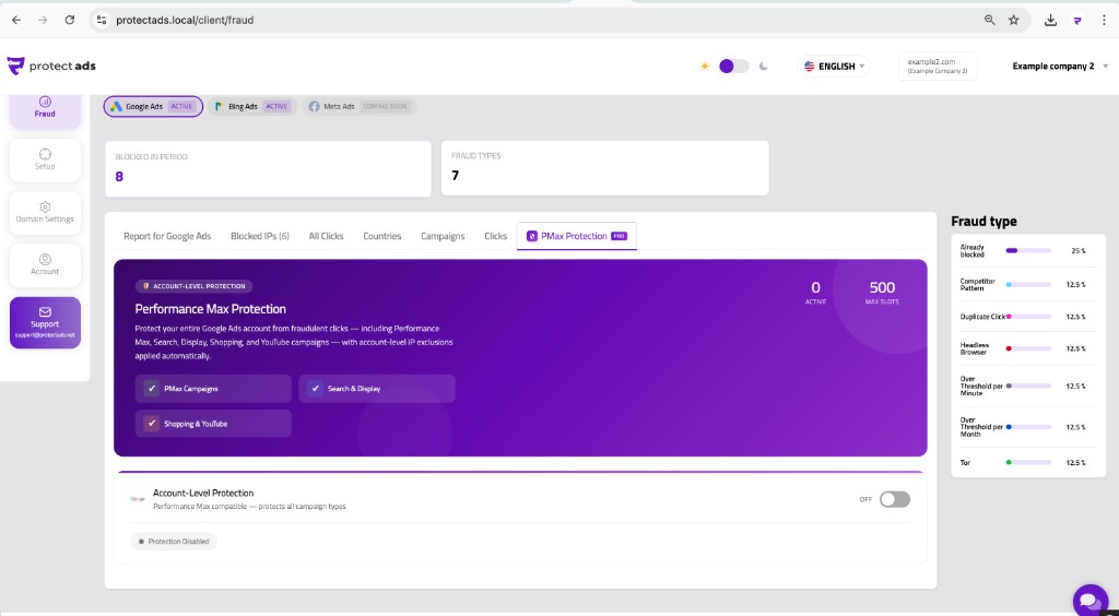Fraud — PMax Protection with account-level toggle and active exclusions.