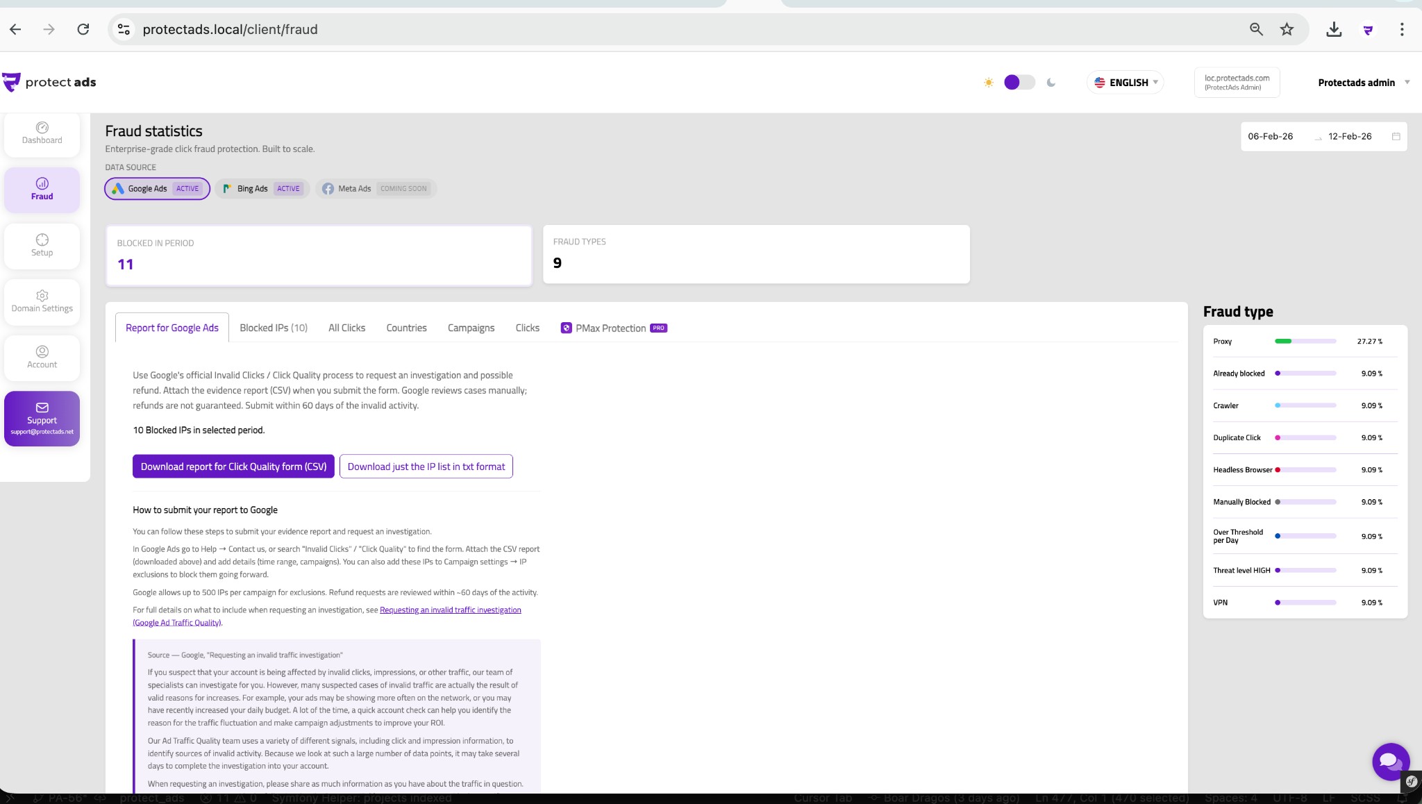 Fraud — Report for Google Ads with CSV export and click quality form.