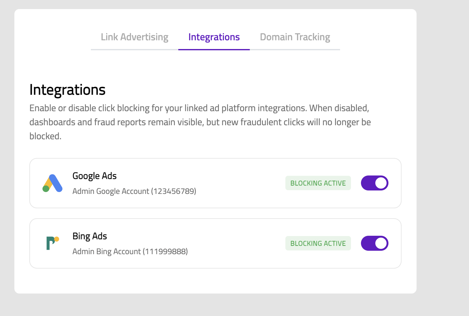 Integrations — enable or disable click blocking for each platform.