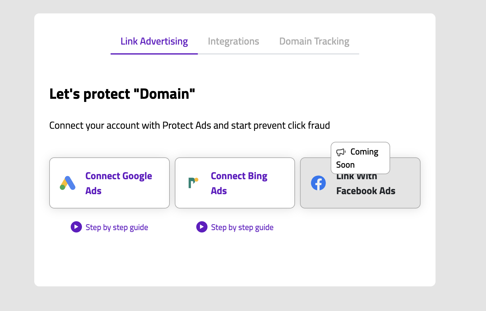 Link Advertising — connect your Google Ads and Bing Ads accounts.