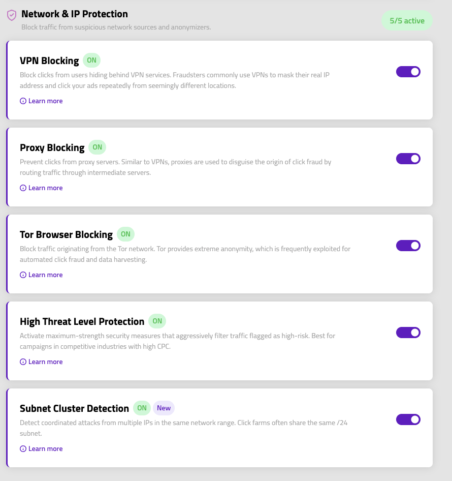 Network & IP Protection — toggle VPN, proxy, Tor, high-threat, and subnet blocking.